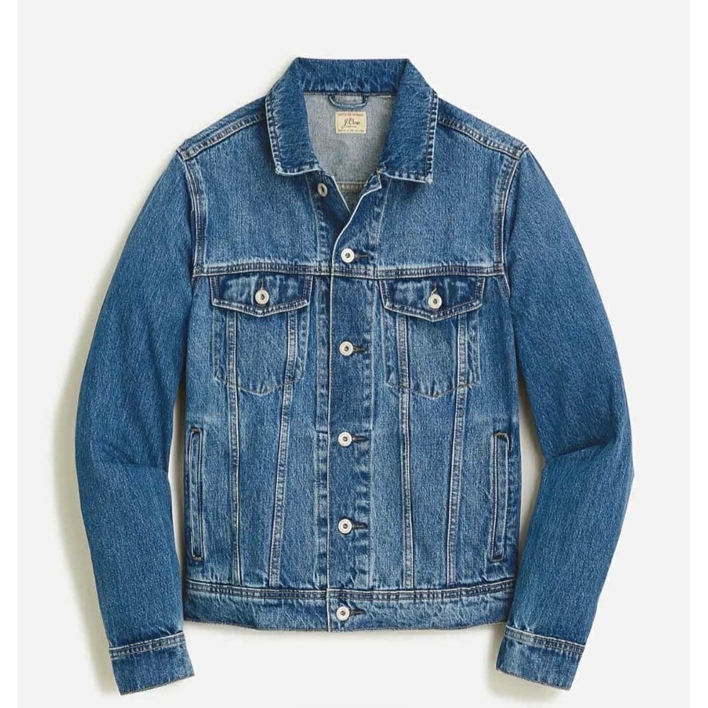 J.Crew Mens Denim Trucker Jacket Medium Wash Blue Cotton Jean Jacket Classic Fit